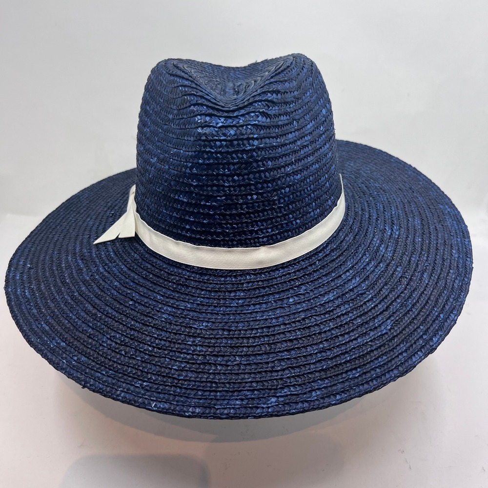 Kangol Glossy Siren Hat Women Medium Navy Blue 75th Anniversary Straw Wide Brim
